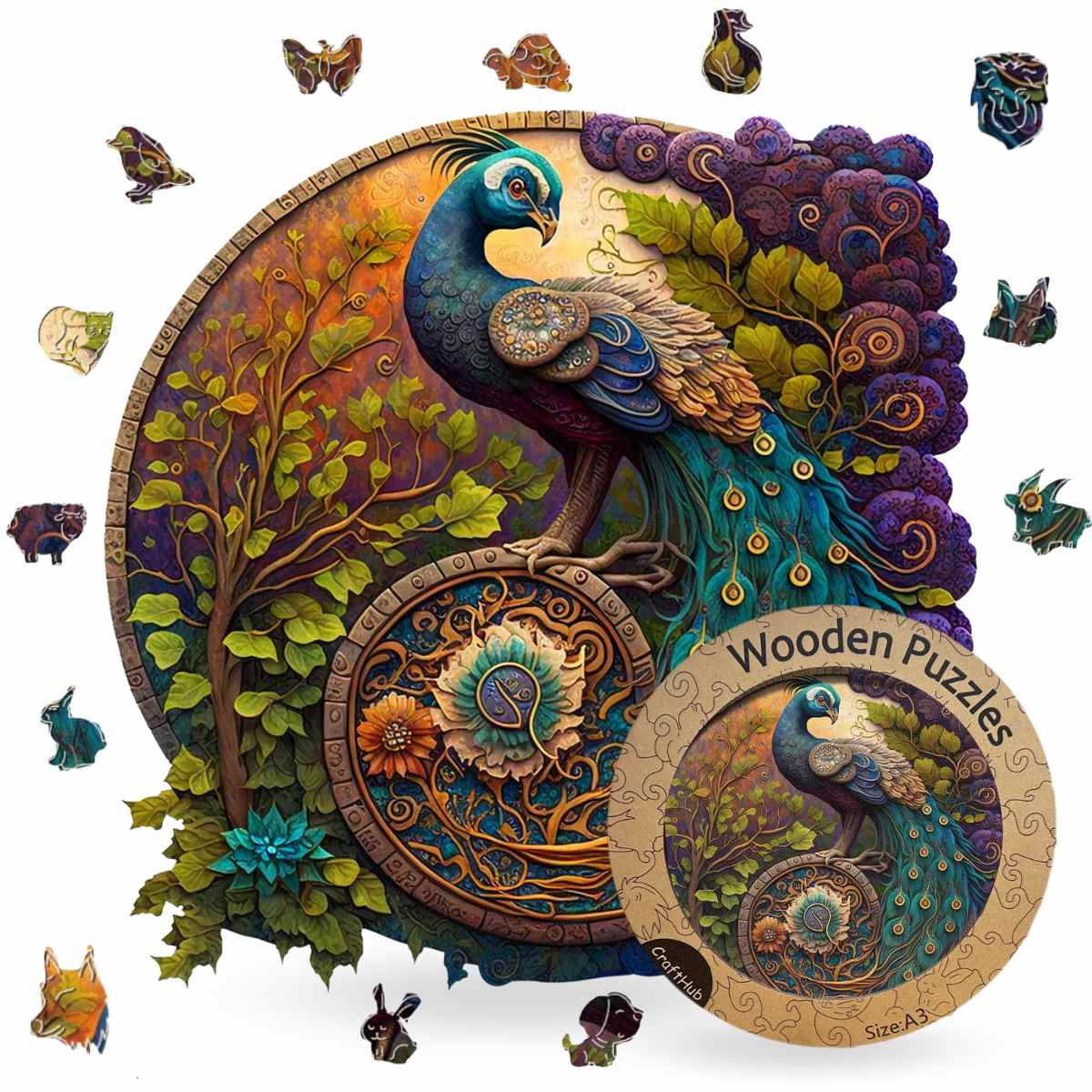 Animal Jigsaw Puzzle > Wooden Jigsaw Puzzle > Jigsaw Puzzle A3+Drewniane pudełko Peacock Yin Yang - Jigsaw Puzzle