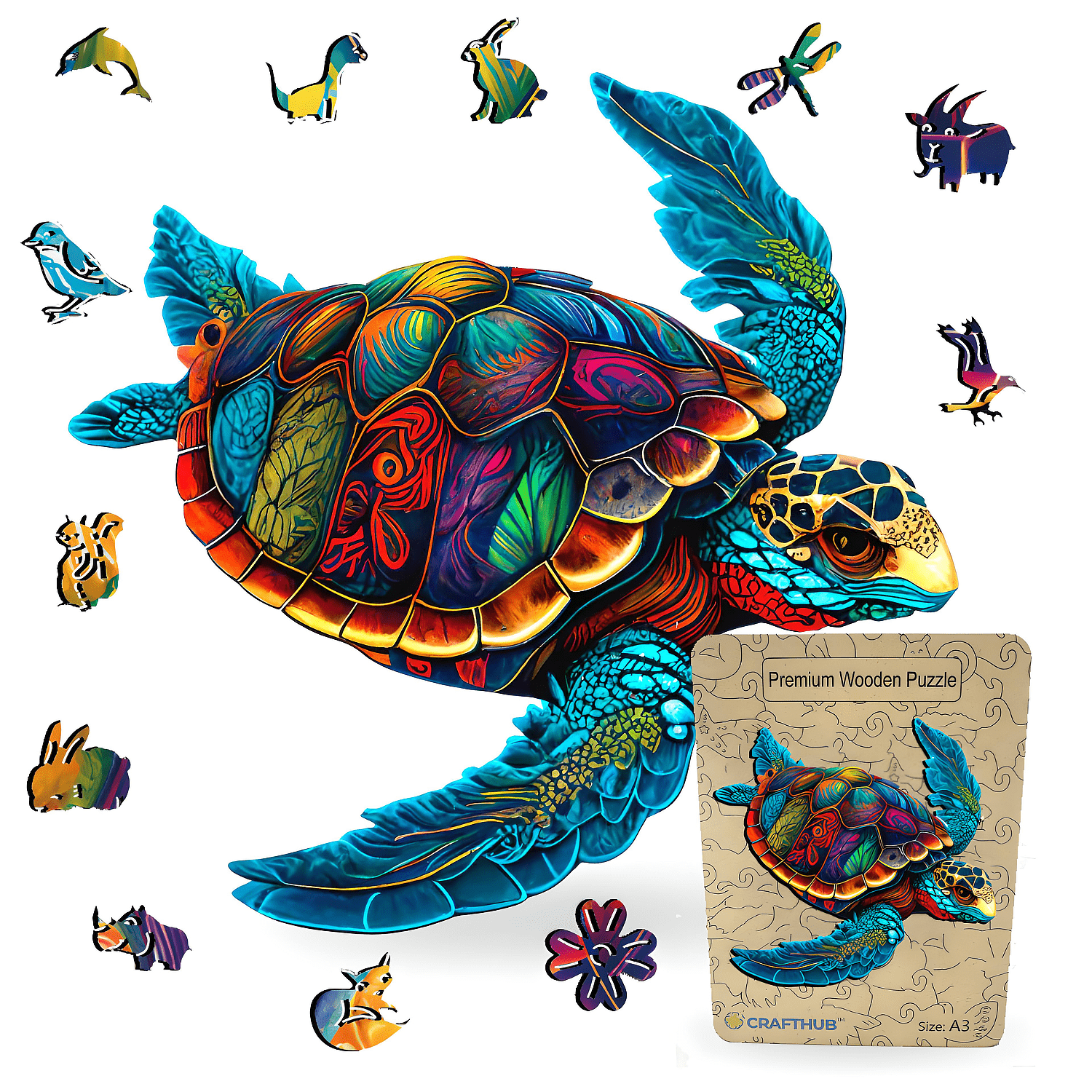 Animal Jigsaw Puzzle > Wooden Jigsaw Puzzle > Jigsaw Puzzle A3+Drewniane pudełko Vibrant Sea Turtle - Jigsaw Puzzle