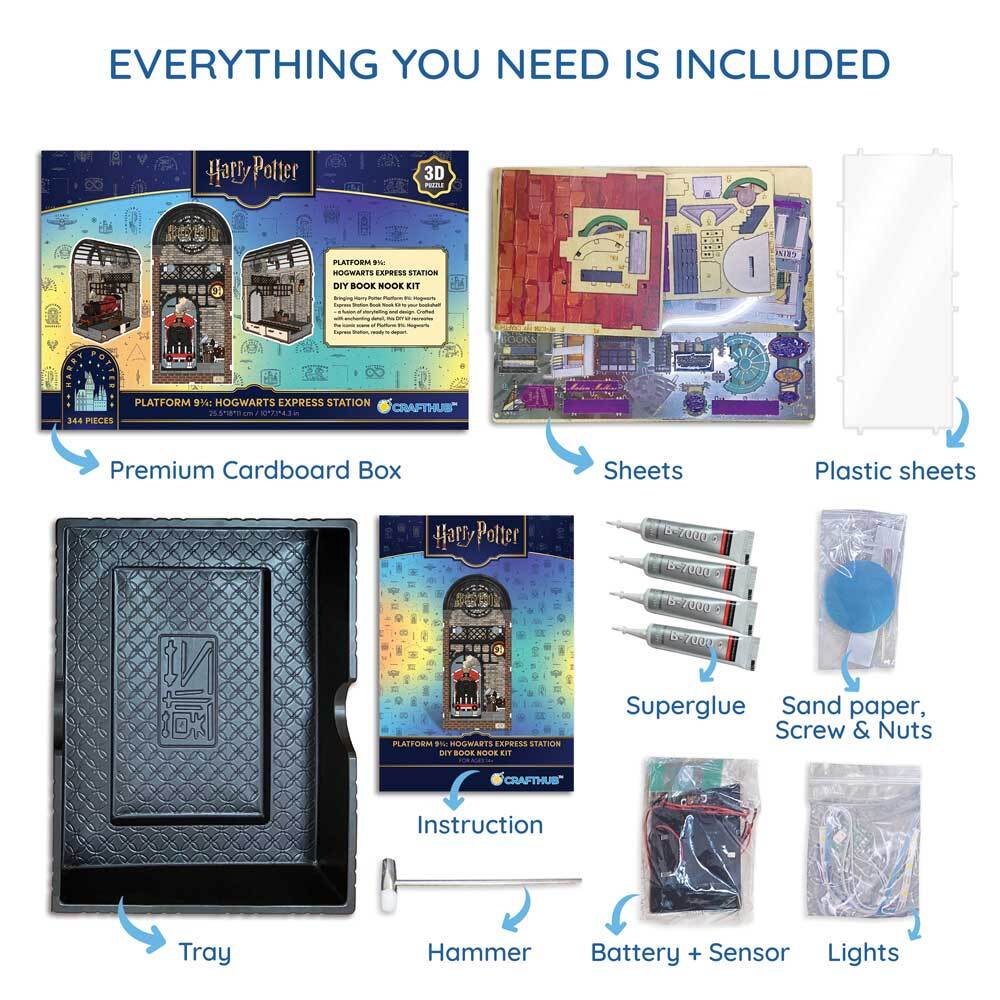 Book Nook Kits 344 Pieces | 10" x 4.3" x 7.1" Harry Potter: Platform 9¾: Hogwarts Express Station - DIY Book Nook Kit
